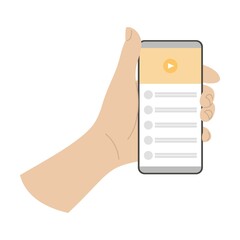 Hand holding smartphone and show video chat with comments, using mobile apps. Cartoon vector illustration of person showing phone