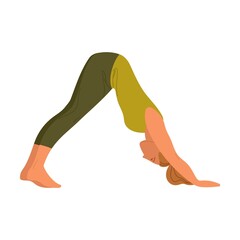 Yoga pose, physical exercise of woman, face down. Vector illustrations of girl stretching body. Cartoon female character training