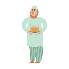 Baker in uniform cartoon illustration. Man confectioner with holding tray with freshly baked cake, making recipe for bakery