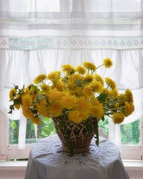 Still life with bouquet of dandelion flowers on  window background