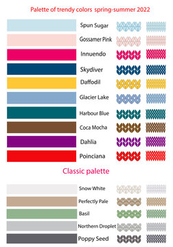 Trendy color palette spring-summer 2022. Swatch collections and name of the color of the year. Fashion, template, poster, advertising. Digital illustration