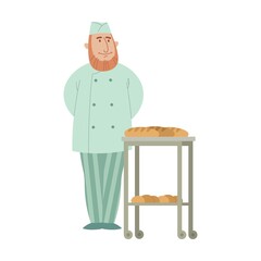 Baker in uniform cartoon illustration. Man cart with hot fresh baguettes, making recipe for bakery