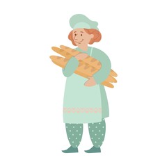 Baker in uniform cartoon illustration. Woman cooking baguette, loaf, rolling out bread dough, making recipe for bakery