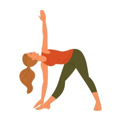 Yoga pose and physical exercise of woman. Flexibility. Vector illustrations of girl stretching body. Cartoon female character training
