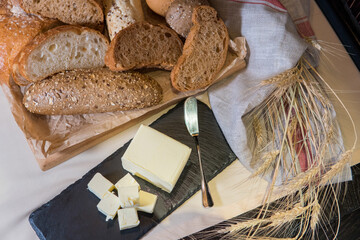 Cut freshly baked whole grain rye bread, homemade baked goods