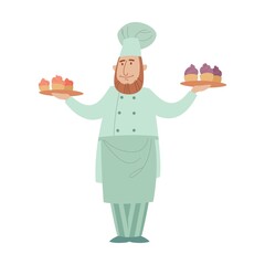 Baker in uniform cartoon illustration. Man confectioner with trays with dessert, cake, making recipe for bakery