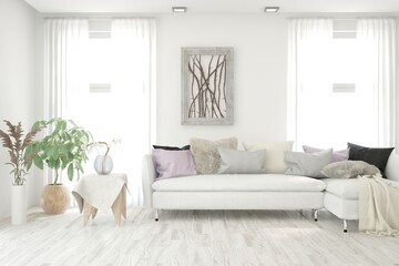 White living room with sofa. Scandinavian interior design. 3D illustration
