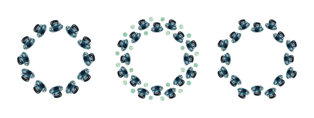 Set of 3 round frames with teal porcelain cups with saucers, isolated on white. Watercolor illustration. For cards, invitations, menu, recipe, scrapbooking, stationery and packaging design