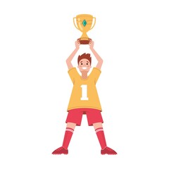 Gold trophy cup, athlete winner with cup in his hands over head. Vector illustrations of awards for victory in championship