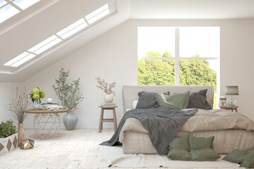 Stylish bedroom in white color with summer landscape in window. Scandinavian interior design. 3D illustration