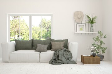 White living room with sofa and summer landscape in window. Scandinavian interior design. 3D illustration