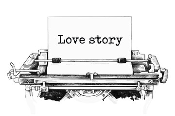 love story typed words on a vintage typewriter - obrazy, fototapety, plakaty