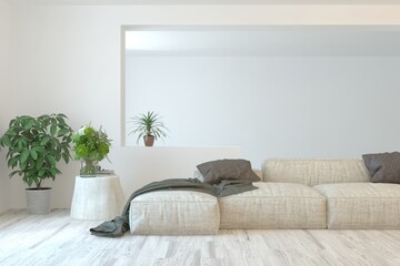 White living room with sofa. Scandinavian interior design. 3D illustration
