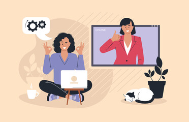 Online work. Girl with a laptop. People and business. The working process. Infographics, presentation. Freelancer, work from home. Vector image.