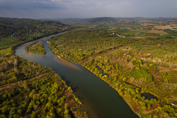 Dunajec River in Lesser Poland at Spring Morning. Aerial Drone View