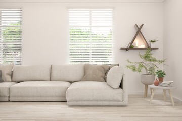 White living room with sofa and summer landscape in window. Scandinavian interior design. 3D illustration