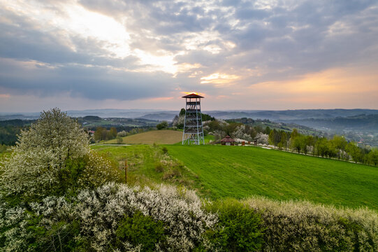 Lookout Tower in Brusnik, Lesser Poland at Spring Sunrise