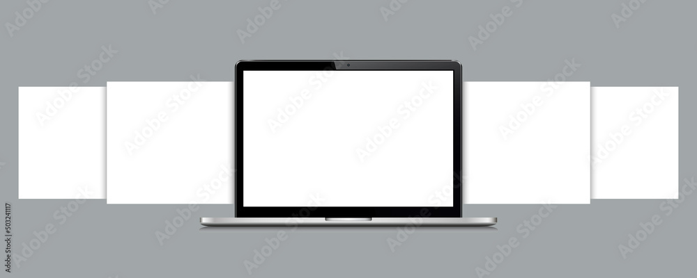Wall mural laptop mockup with blank wireframing pages. concept for showcasing web-design projects.