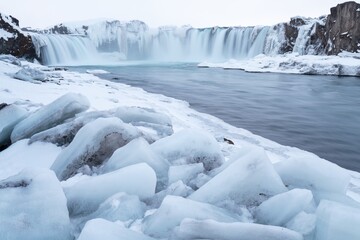 Godafoss waterfall at sunset in winter, Iceland.