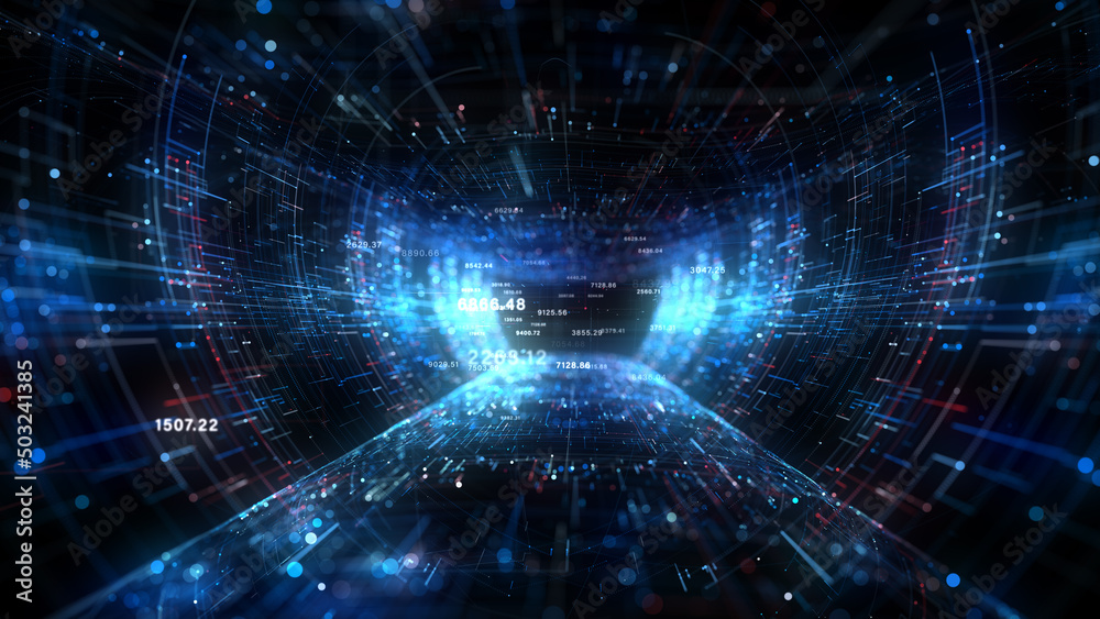 Fototapete Tunnel digital cyberspace and digital data network connections concept. Transfer digital data hi-speed internet, Future technology digital abstract background concept. 3d rendering