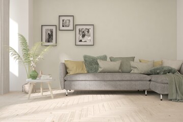 White living room with sofa. Scandinavian interior design. 3D illustration
