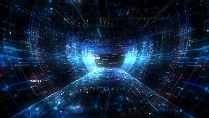 Tunnel digital cyberspace and digital data network connections concept. Transfer digital data hi-speed internet, Future technology digital abstract background concept. 3d rendering