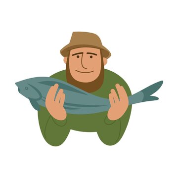 fisherman shows a trophy catch of fish. Cartoon vector isolated on white background