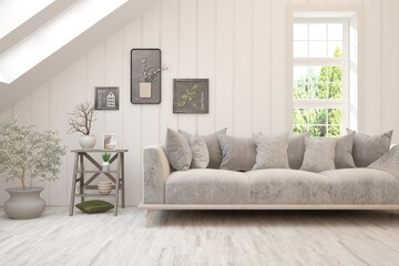 White living room with sofa and summer landscape in window. Scandinavian interior design. 3D illustration