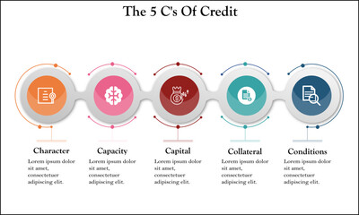 The 5 C's of Credit - Character, Capacity, Capital, Collateral and Conditions. with Icons and Description placeholder in an Infographic template