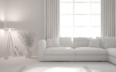 Mock up of minimalist living room in white color with sofa. Scandinavian interior design. 3D illustration