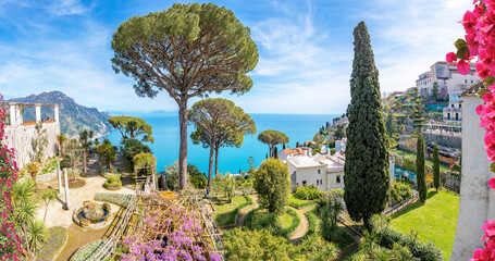 Ravello, Italy; April 19, 2022 - A view from the gardens of Villa Ravello, Italy