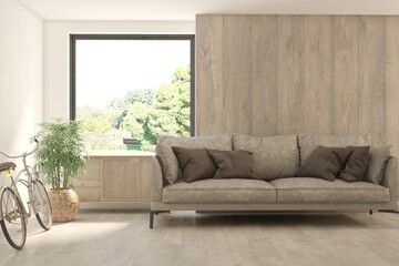 White living room with sofa and summer landscape in window. Scandinavian interior design. 3D illustration