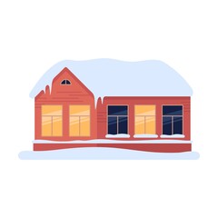 brick house with a central entrance in a winter town. Vector illustration of Christmas buildings