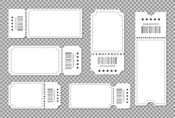 Set blank ticket template. Color white. Concert tickets, lottery coupons. Vector coupon. Ticket template.