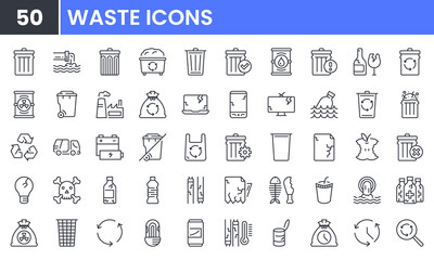Waste and Recycle vector line icon set. Contains linear outline icons like Trash, Plastic, Paper, Bottle, Can, Dumpster, Factory, Truck, Food, Garbage, Pollution, Glass. Editable use and stroke.