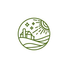 Agro landscape Outline Green. Barn in a field under the sun and stars, Outline logo in vector. Agriculture, work in the field, agro complex.