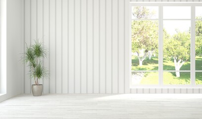 Fototapeta premium White empty room with summer landscape in window. Scandinavian interior design. 3D illustration