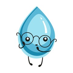 Water drop scientist with glasses, cute character. Vector illustration of funny blue aqua mascot. Cartoon cold clear raindrop or splash of liquid isolated on white