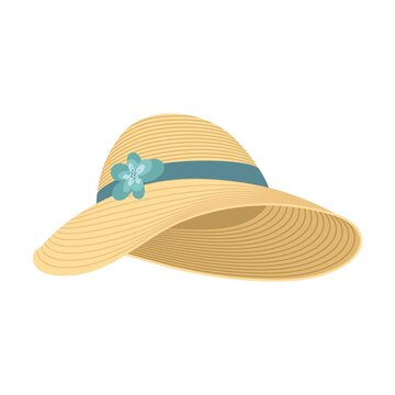 straw hat with with ribbon and flower around vector illustration. Summer designs of yellow hat with wide brims, clothes for farmers isolated on white back