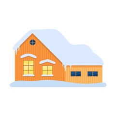large village house with a central entrance in a winter town. Vector illustration of Christmas buildings
