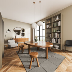 Living room interior with seats and shelf with decoration, panoramic window