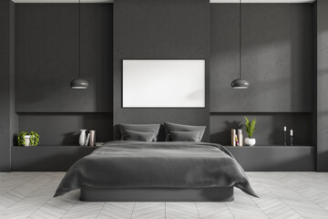 Grey bedroom interior with bed and decoration on shelf. Mockup frame