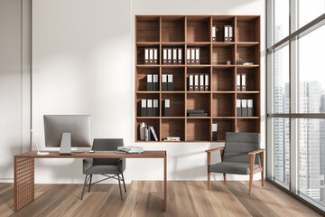 Close up view on bright office interior with panoramic windows