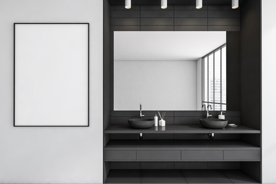 Grey bathroom interior with sink and mirror, window. Mockup frame