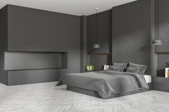 Grey bedroom interior with bed and fireplace, decoration. Mockup