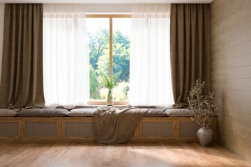Wooden living room with sofa and summer landscape in window. Scandinavian interior design. 3D illustration