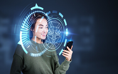 Woman with phone and biometric scanning, digital hologram