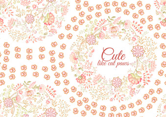 Cute fantasy flowers with cat paw prints. Animal and floral motif. Millefleurs trendy floral design. Template for wedding invitation, greeting card, banner, gift voucher, label. Vector illustration.