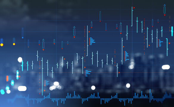 Graph stock market with bar chart and candlesticks, cityscape