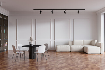 Light chill zone interior with couch and seats, table and shelf